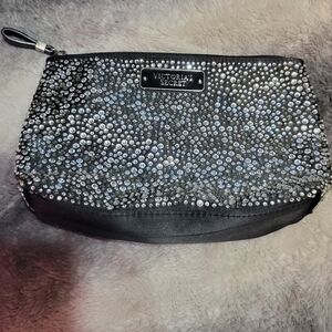 Victoria's Secret Black Silky & Rhinestone Clutch Makeup Bag Laugera Zip Purse